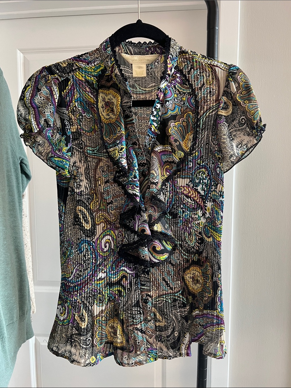 Vintage Y2K Paisley Print Gathered Ruffle Collar Business Going Out Top size Med